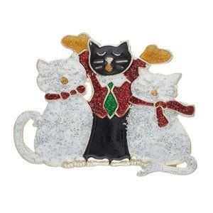 3 Holiday Black and White Cats Silver Holiday Scarf Lapel Pin  JJ1225